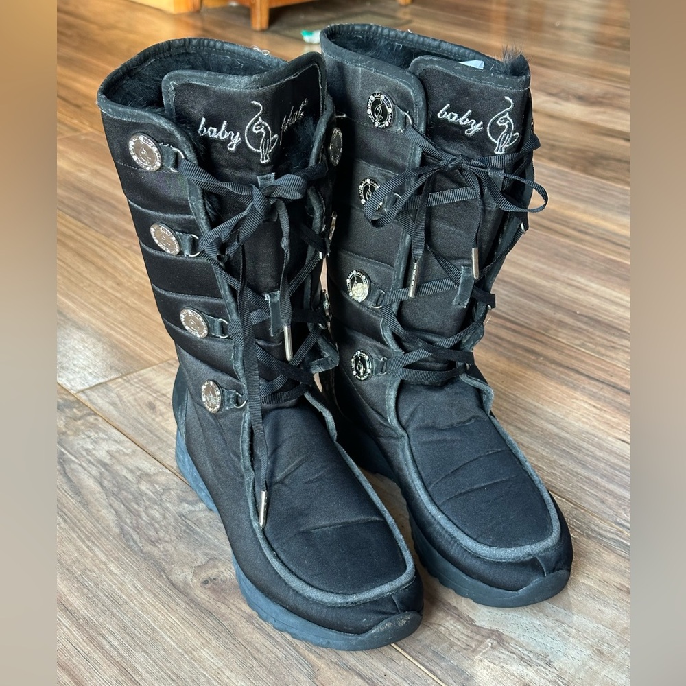 Vintage Y2K Baby Phat Black Winter Boots Faux Fur Lace Up Size 10 B Satin Tall